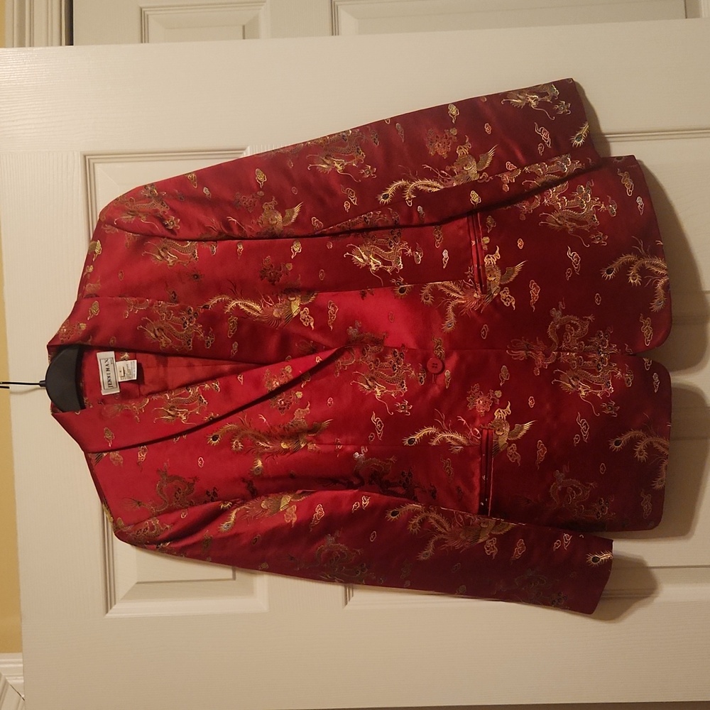 Jenni Max NYC red blazer w/oriental dragon design, like new